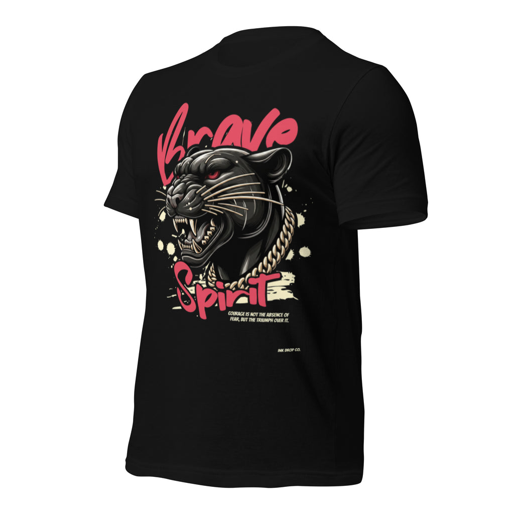 Black unisex graphic T-shirt with panther head and red 'Spirit' print