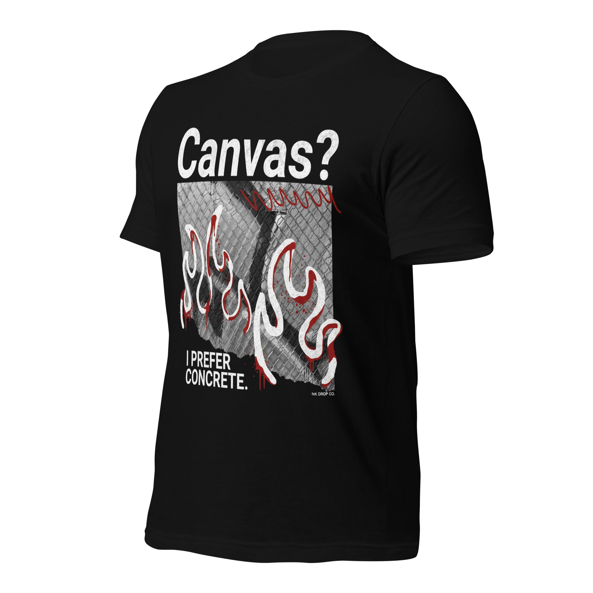 Women’s graphic t-shirt, black; back “Canvas?” flame graphic with “I prefer concrete.”