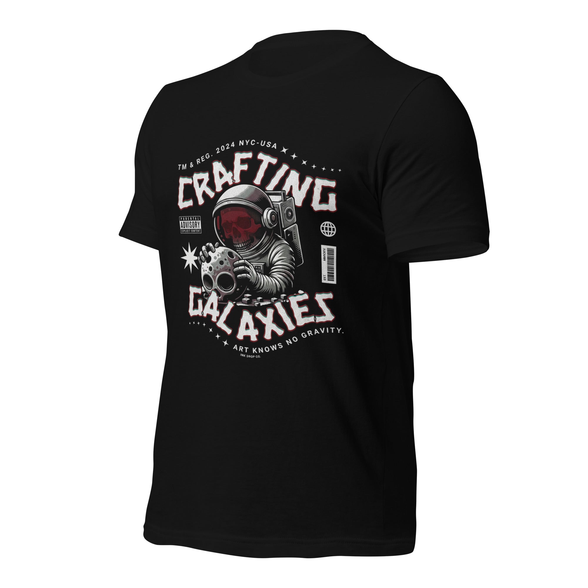 Women's black graphic t-shirt back view with space astronaut “Crafting Galaxies” print