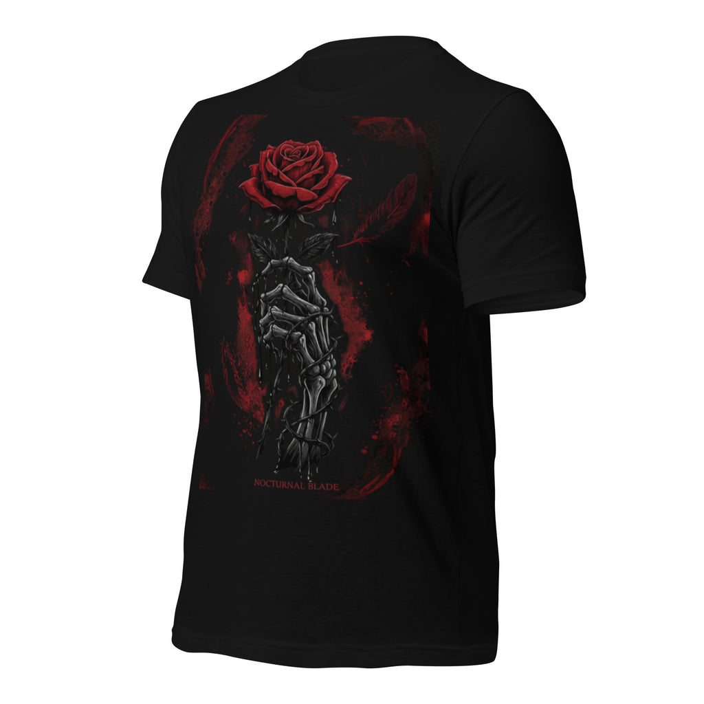 Black unisex graphic T-shirt with red rose and dark skeleton sword art on back