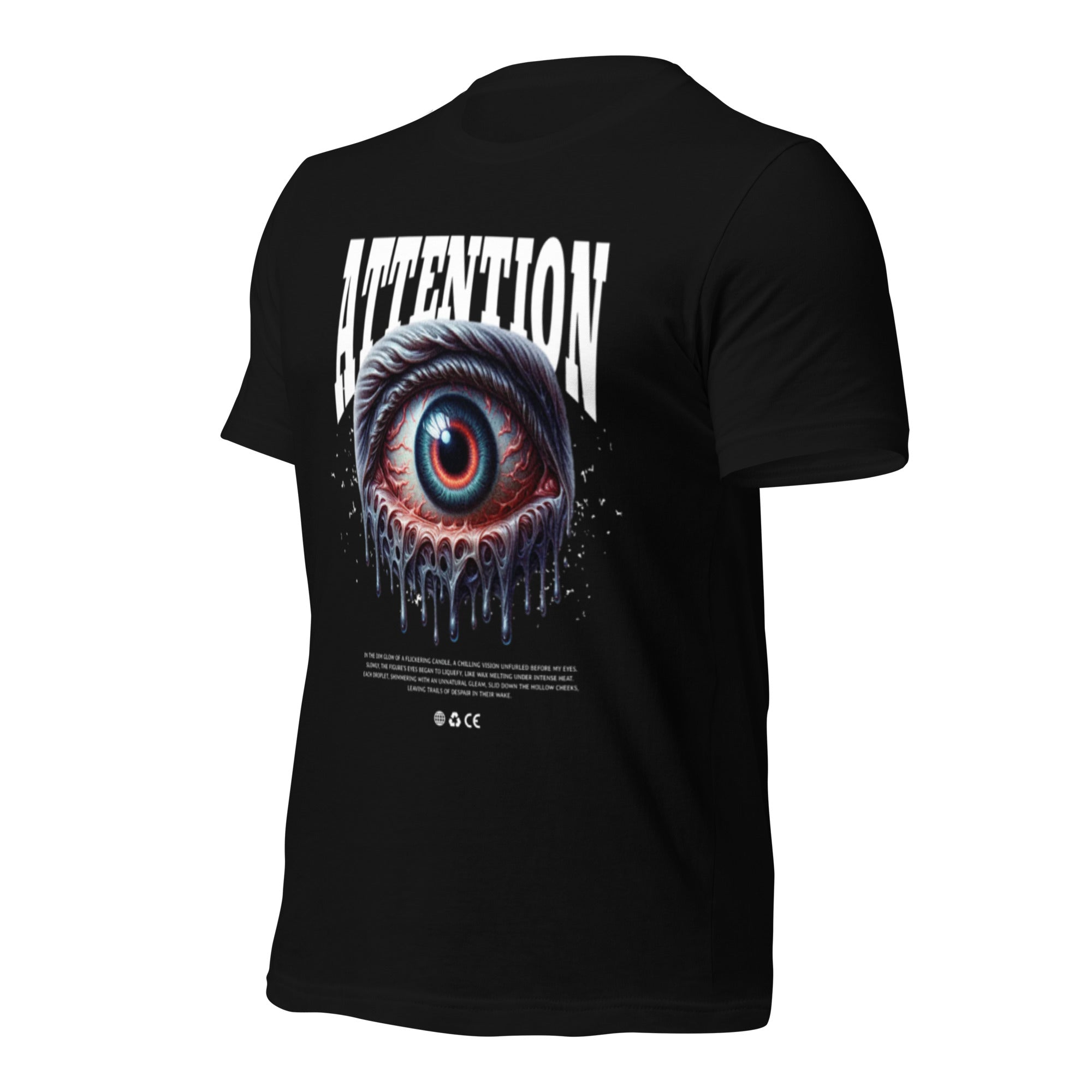 Women’s graphic t-shirt, black, front view, eye graphic with dripping ink print