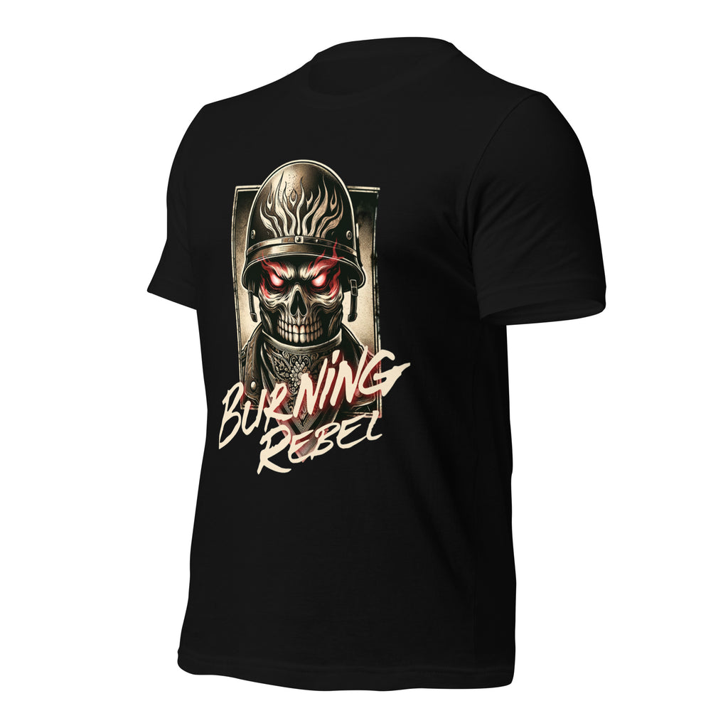 Black unisex graphic T-shirt with skull helmet front print