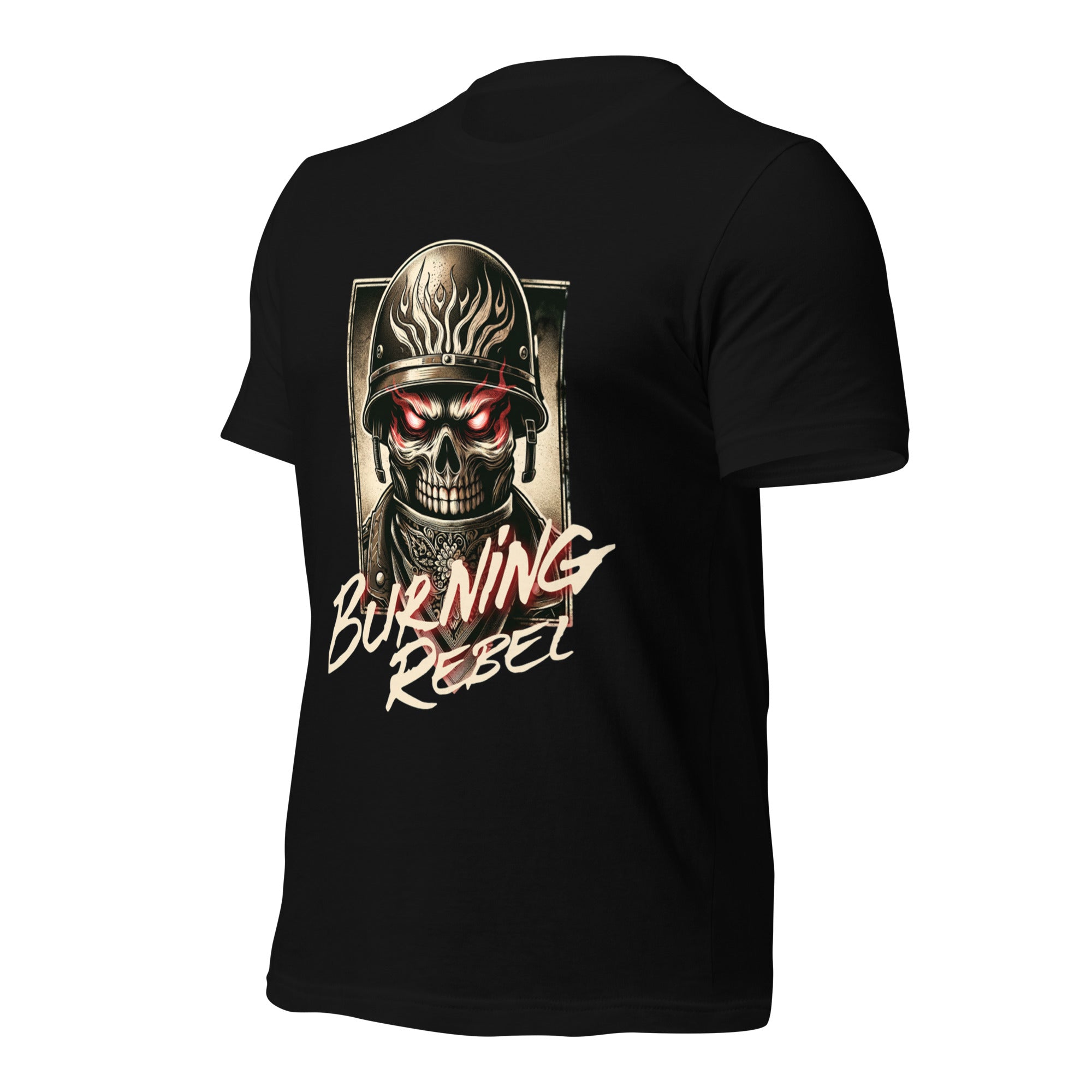 Black unisex graphic T-shirt with skull helmet front print