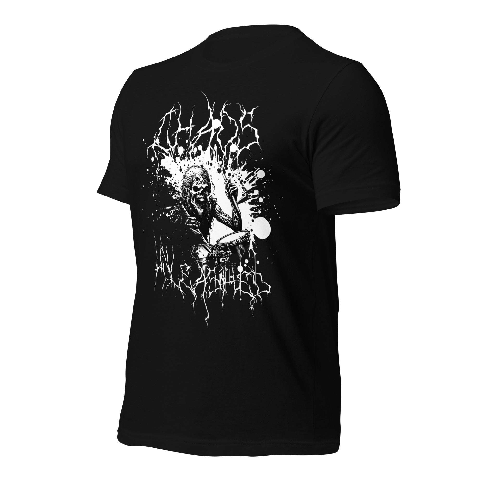 Women’s black graphic t-shirt with white skull-and-lightning design on back
