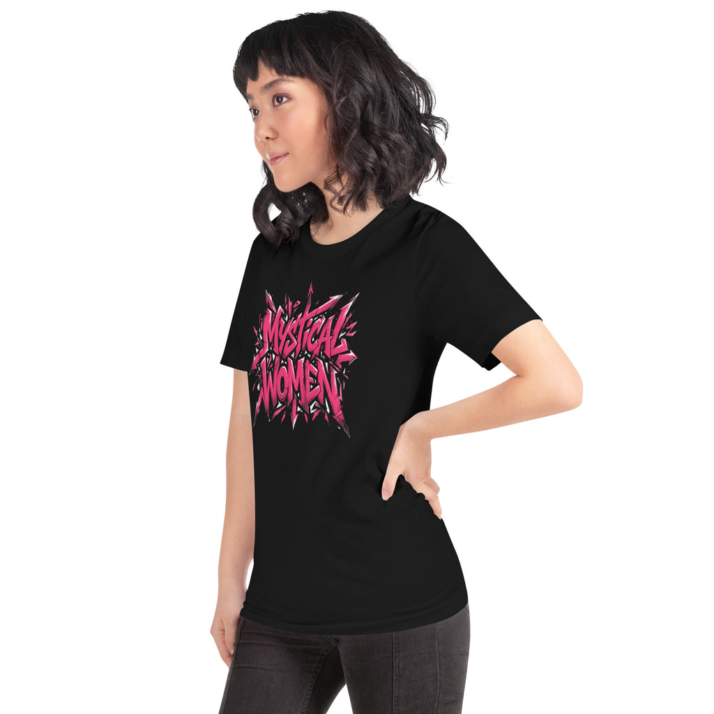 Black unisex graphic tee with pink and white “Mystical Women” front design