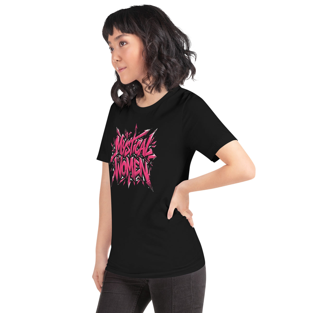Black unisex graphic tee with pink and white “Mystical Women” front design