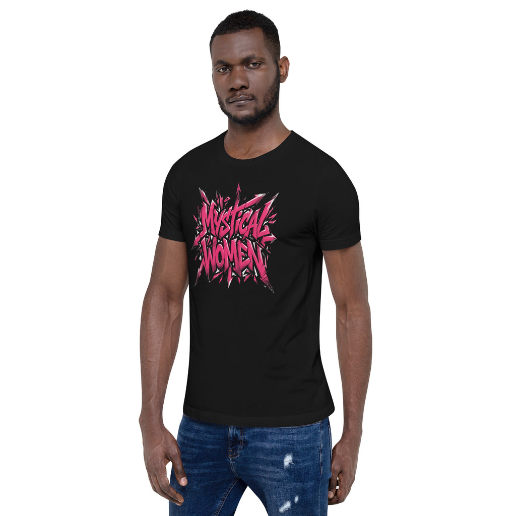 Black unisex graphic tee with pink and white “Mystical Women” front design