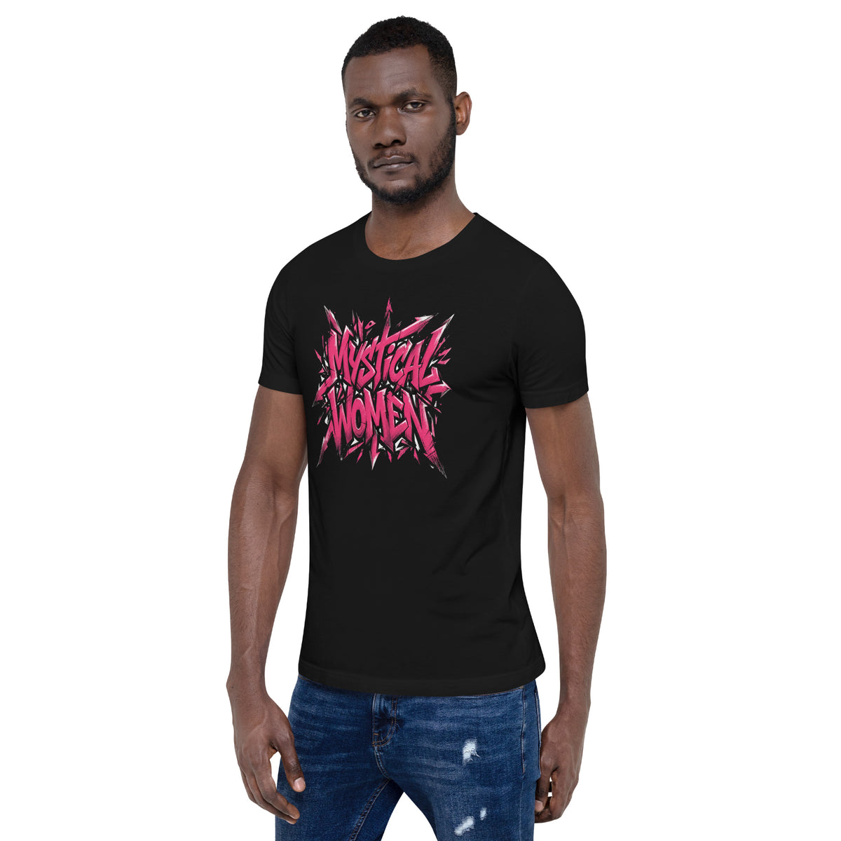 Black unisex graphic tee with pink and white “Mystical Women” front design