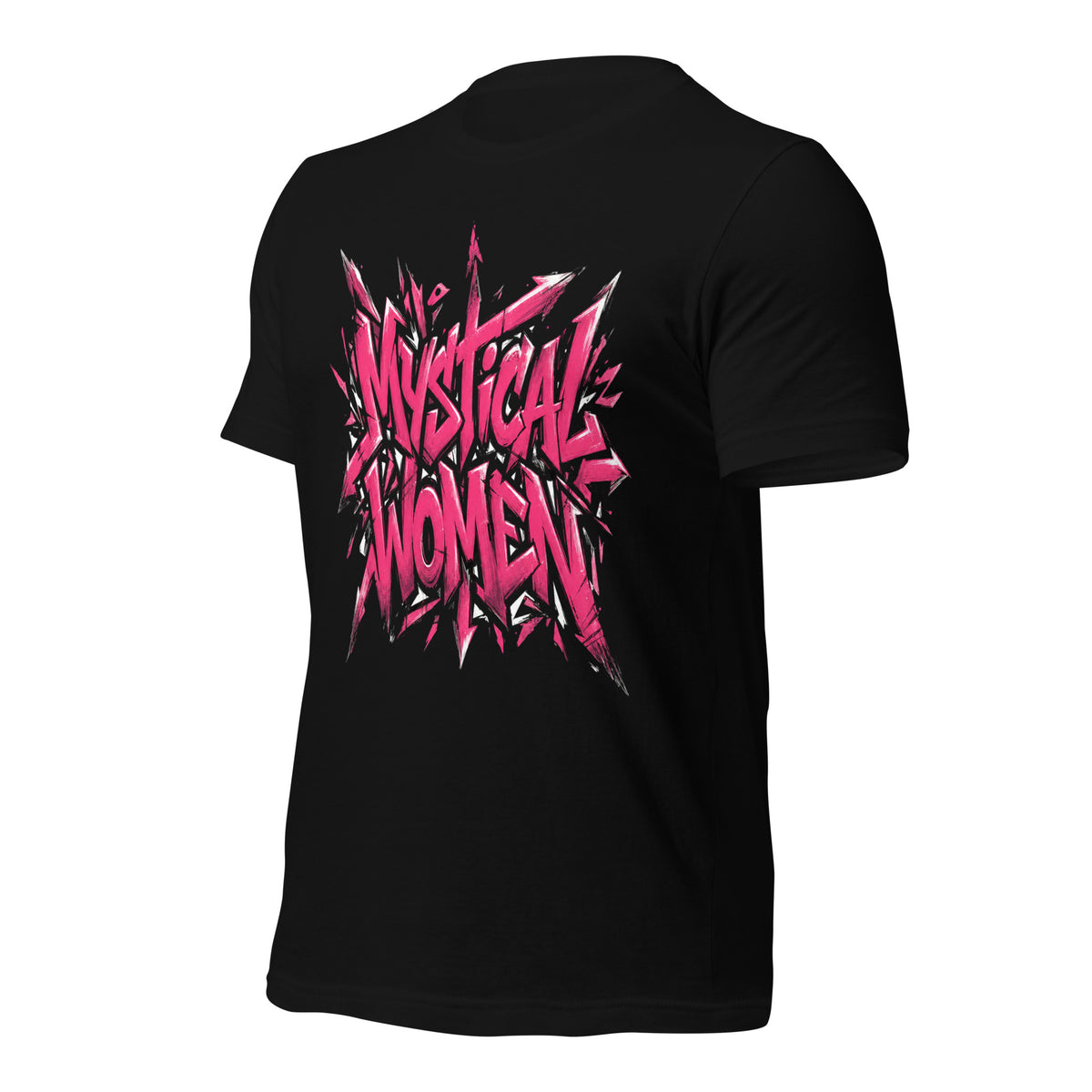 Black unisex T-shirt with pink 'Mystical Women' graphic on back