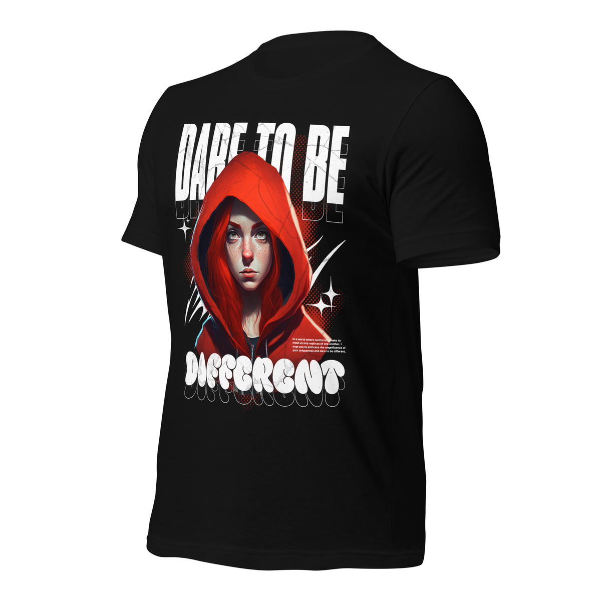 Black graphic tee with red-hooded portrait back print