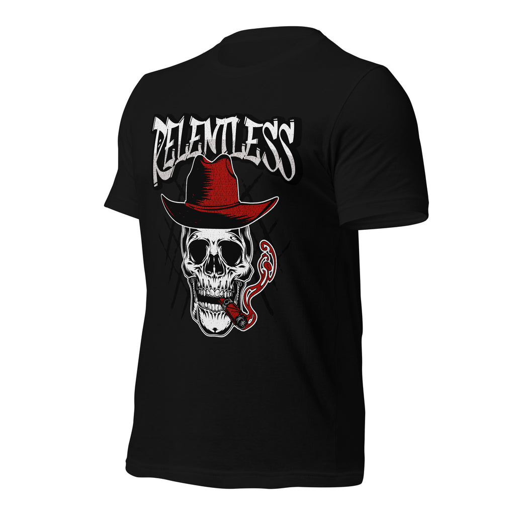 Unisex black graphic tee back with skull and red cowboy hat print