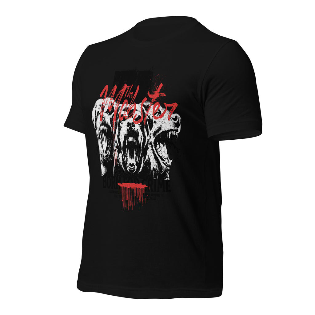 Black unisex graphic tee with partial front graphic visible from angled view