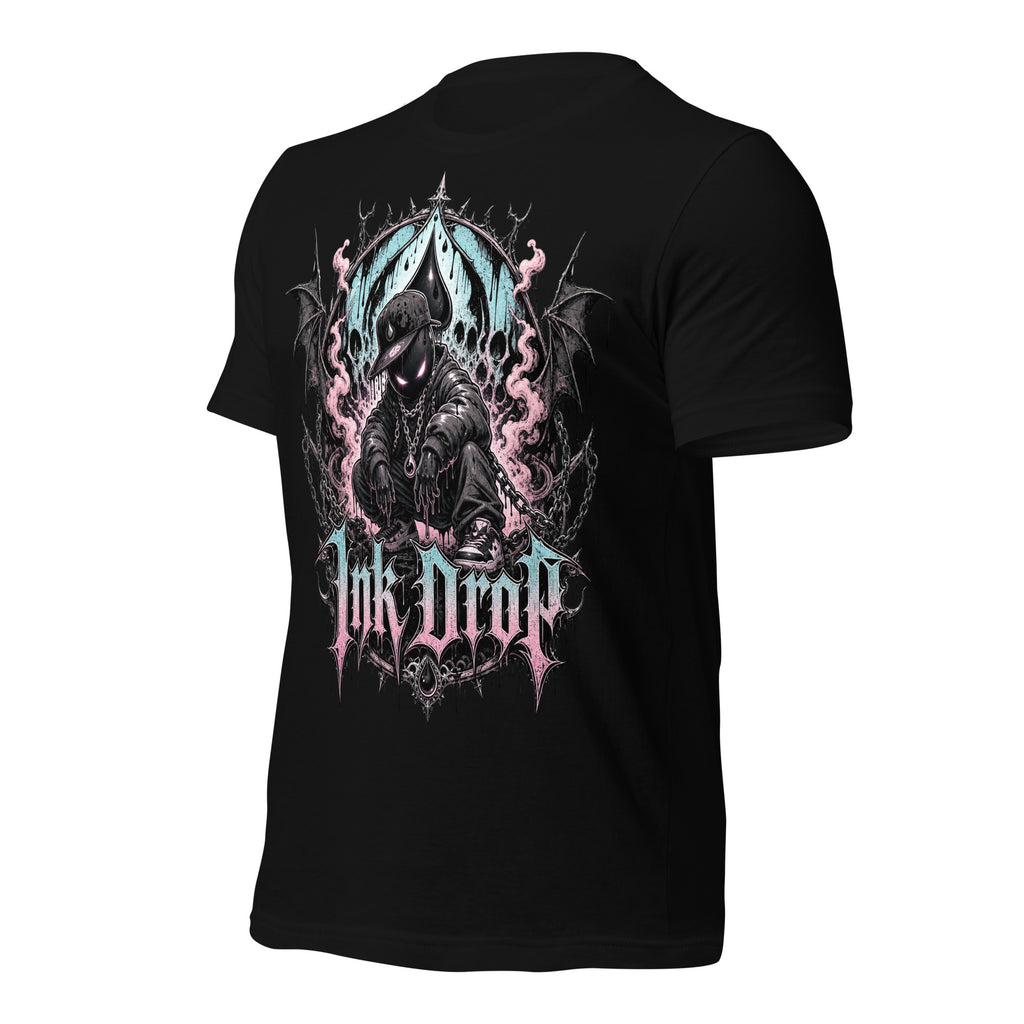 Unisex black T-shirt with large skull-and-throne back print, pink and blue accents