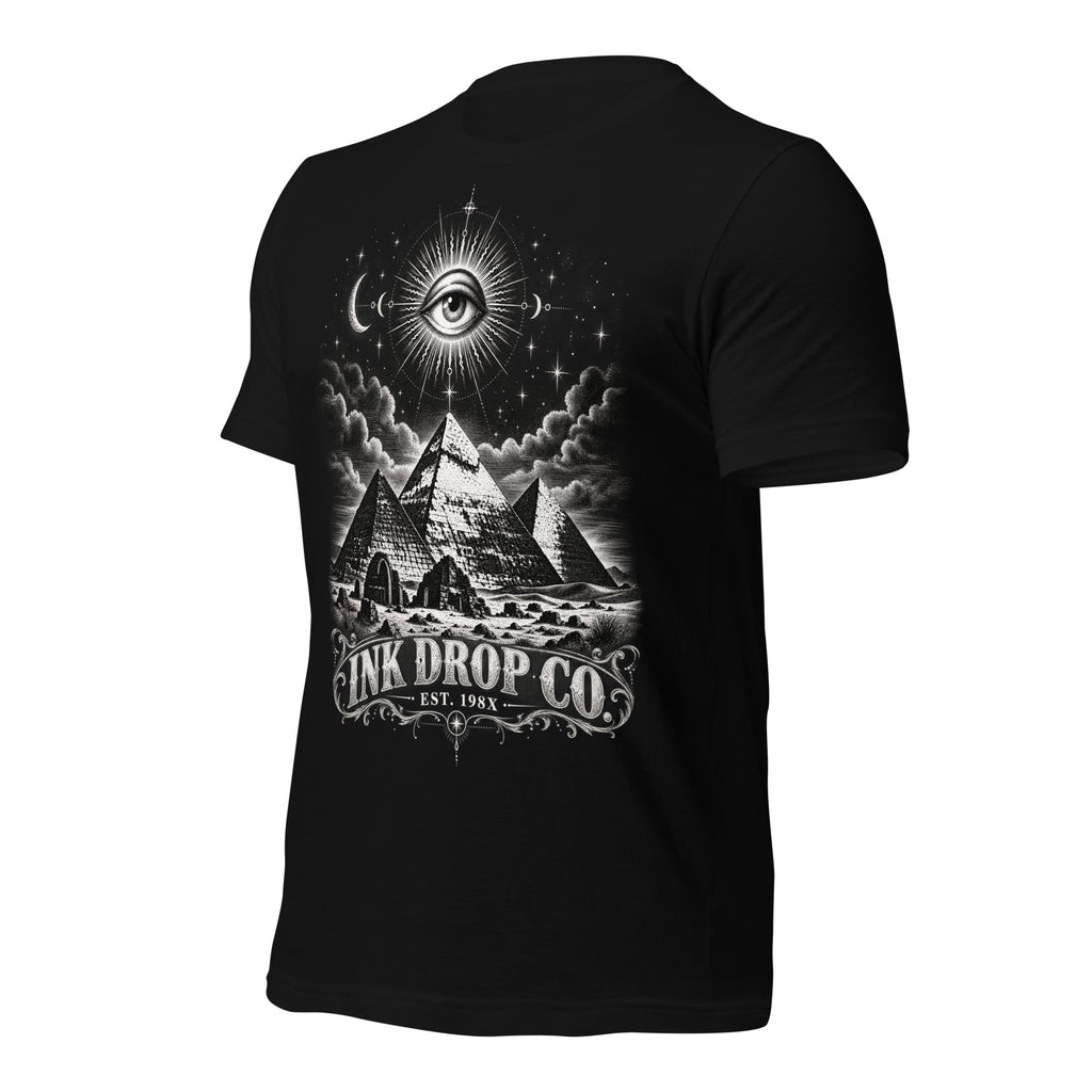 Unisex black T-shirt with front graphic of eye, pyramids, and night sky details