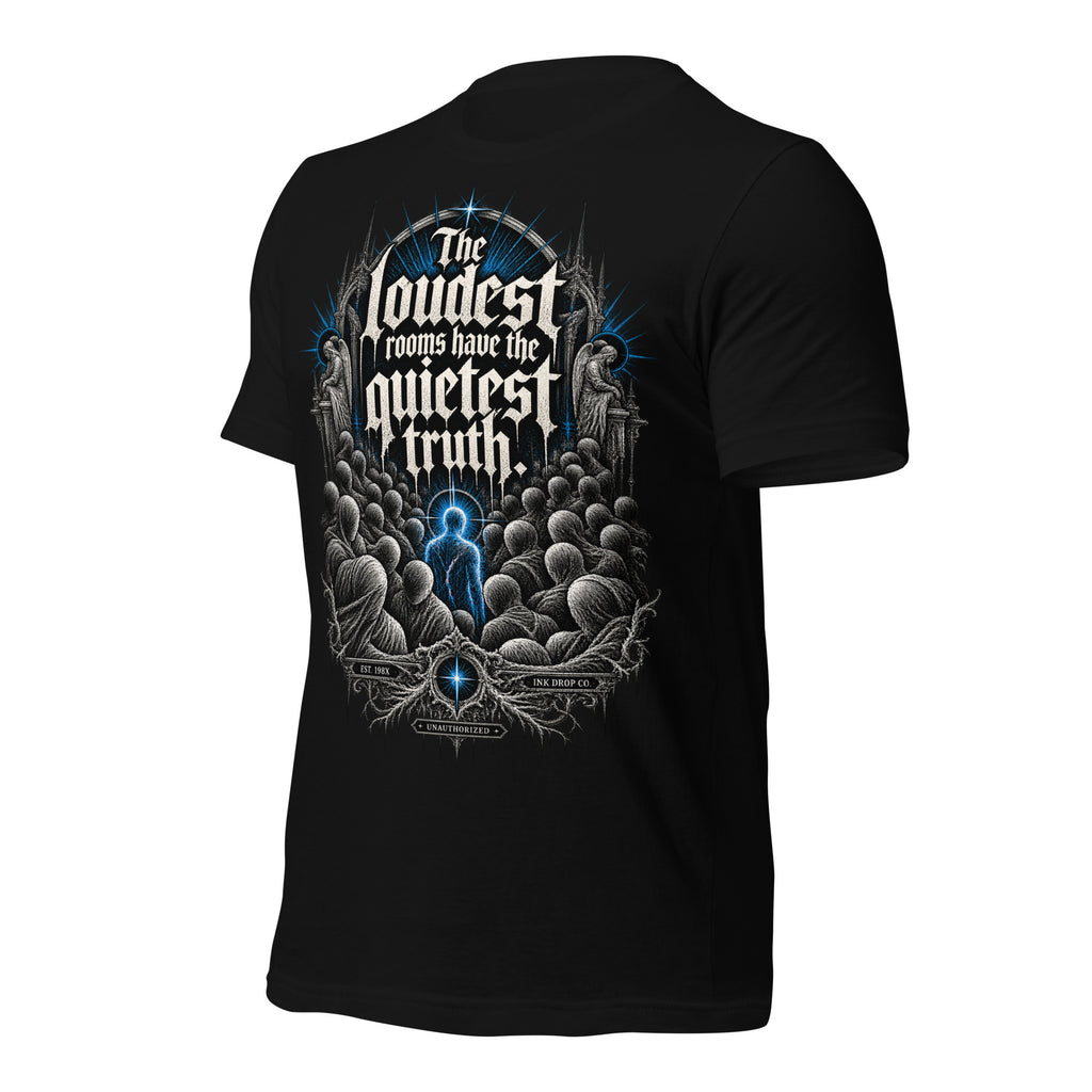 Women’s gothic graphic t-shirt, black, back view with large blue gothic text print
