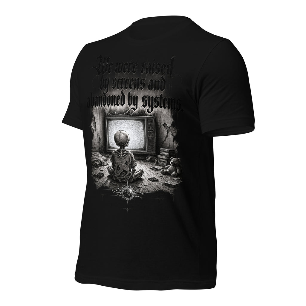 Women’s black graphic tee, back view with faint front-print design visible