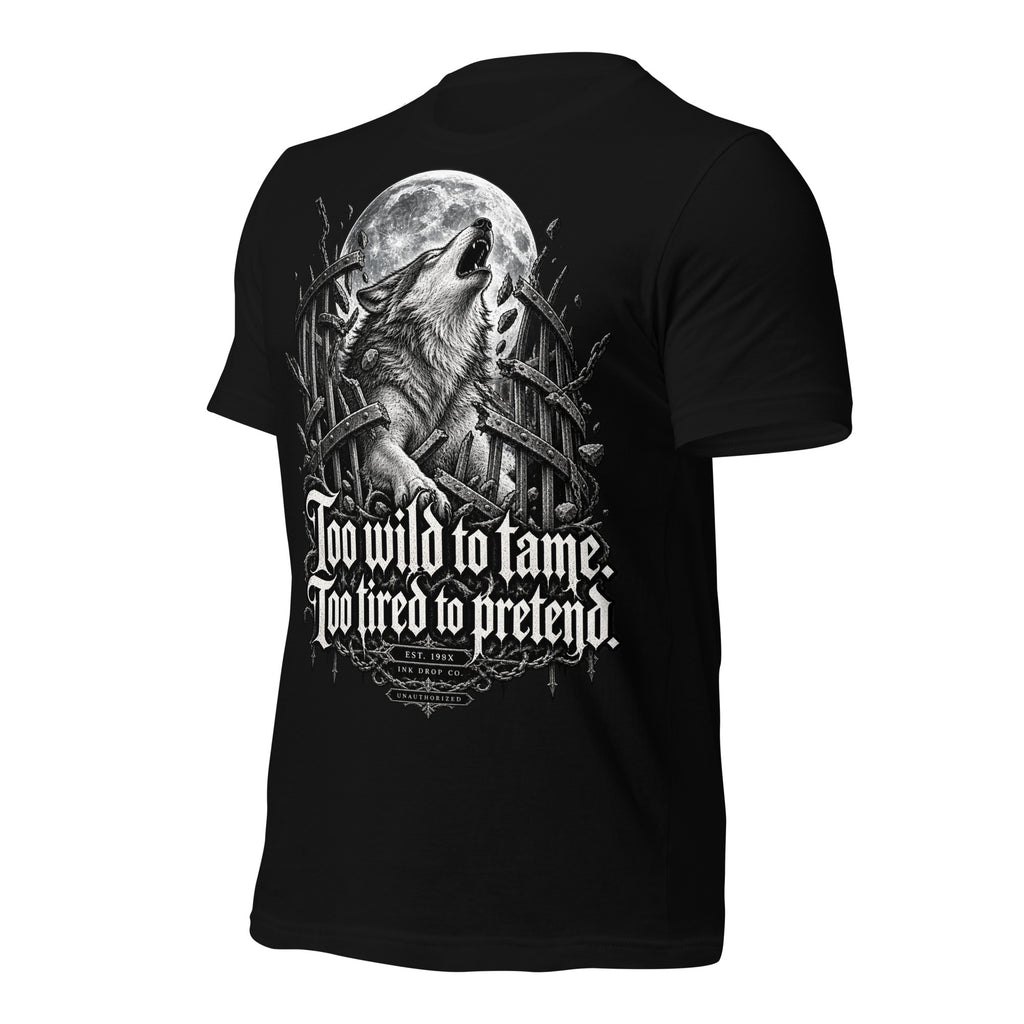 Black women’s graphic tee with wolf-and-moon back graphic, chains and gothic lettering