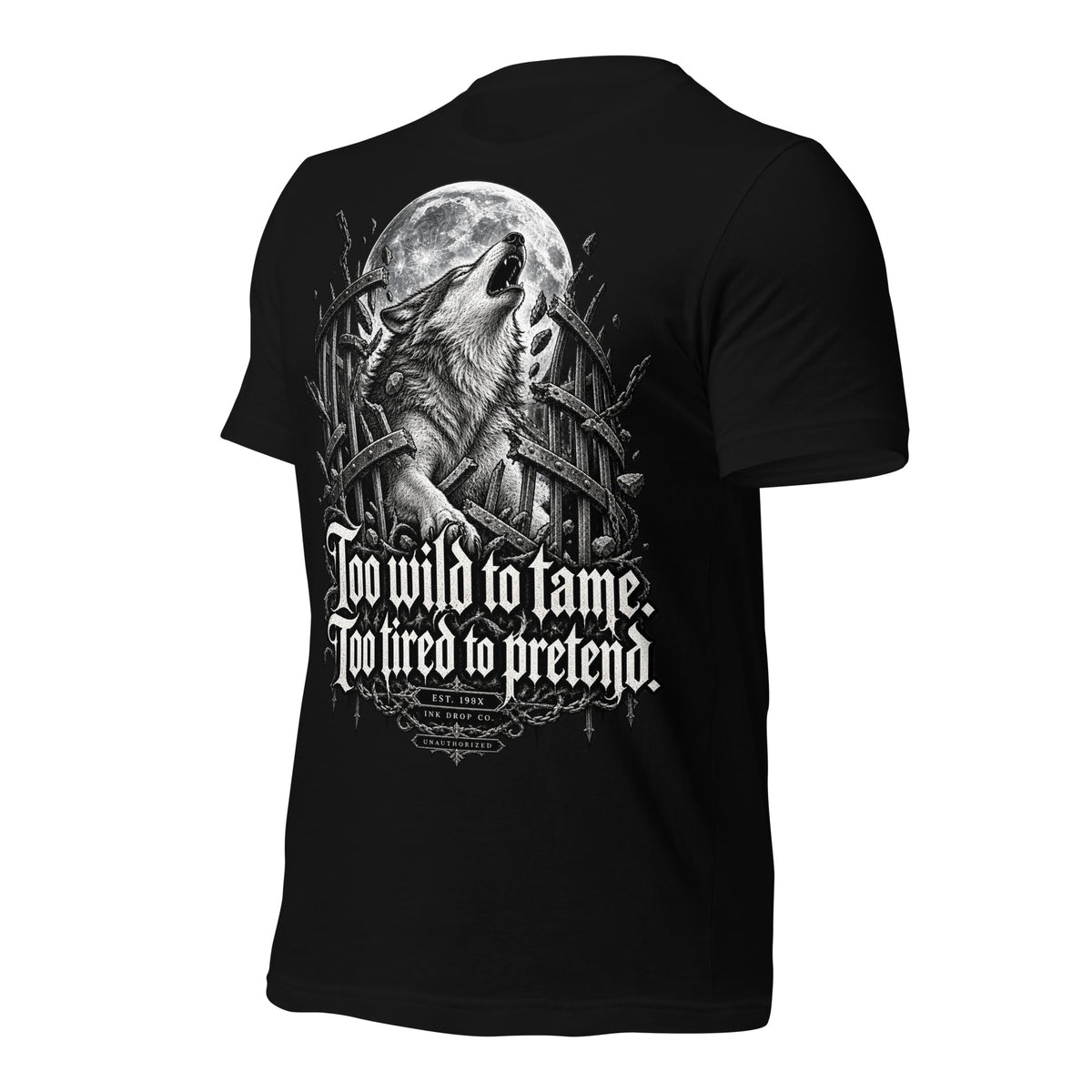 Black women’s graphic tee with wolf-and-moon back graphic, chains and gothic lettering