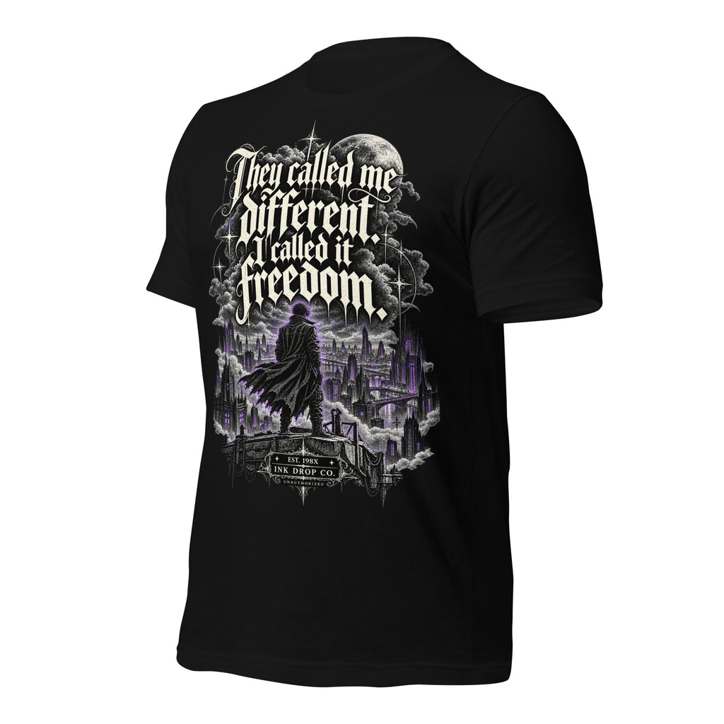 Women’s black graphic tee back view with freedom typography and purple city illustration