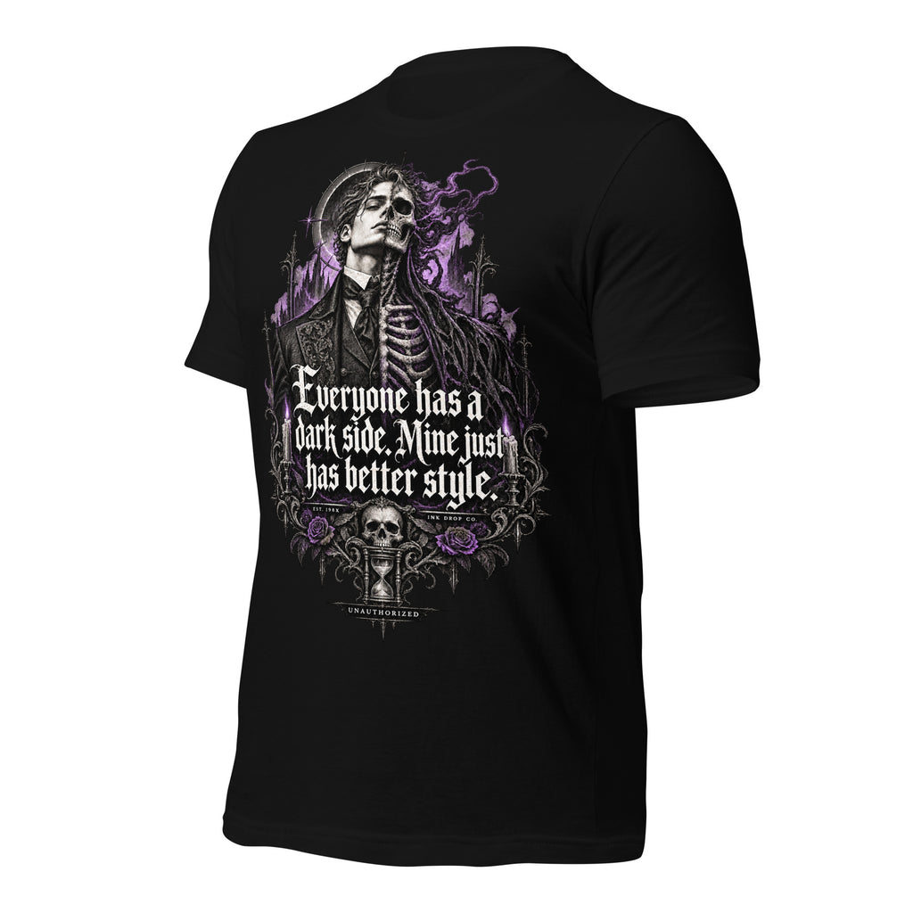 Black women's graphic tee with purple skull portrait and quote back print