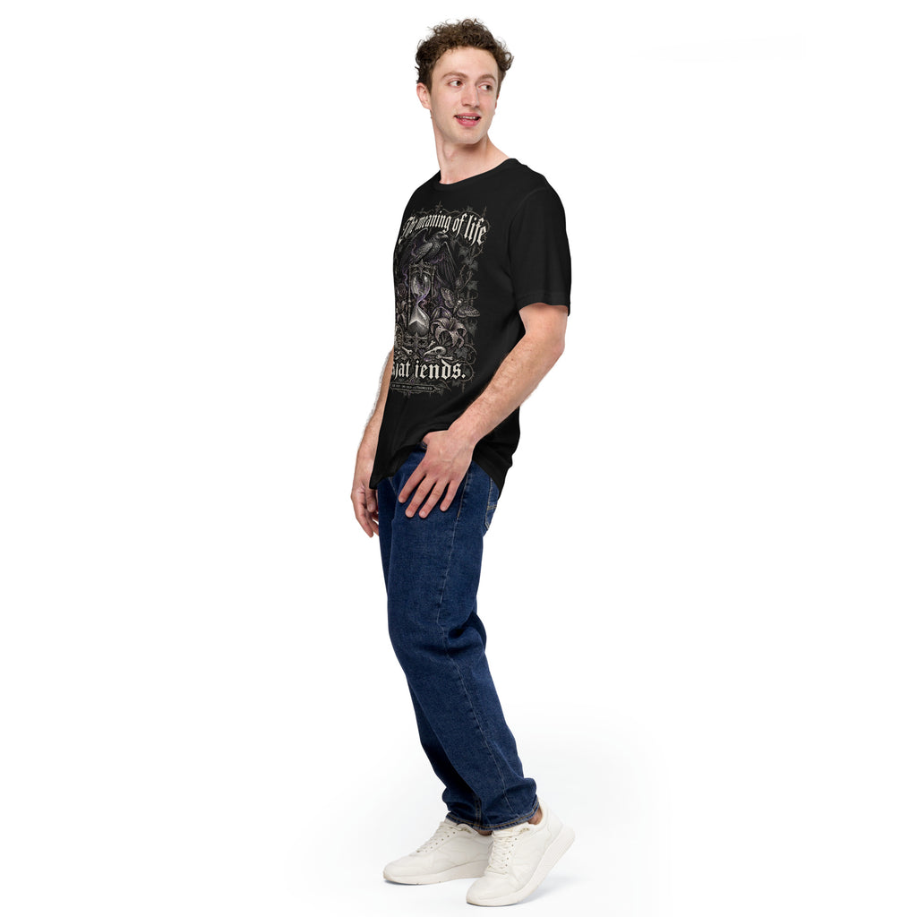Men's black graphic tee worn by model, front print visible from side