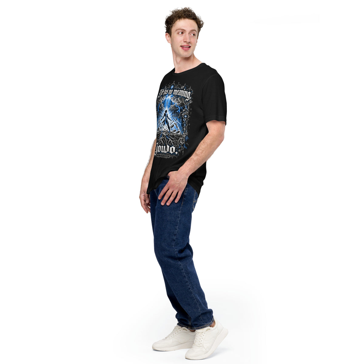 Men's black graphic tee with large blue fantasy-style front artwork