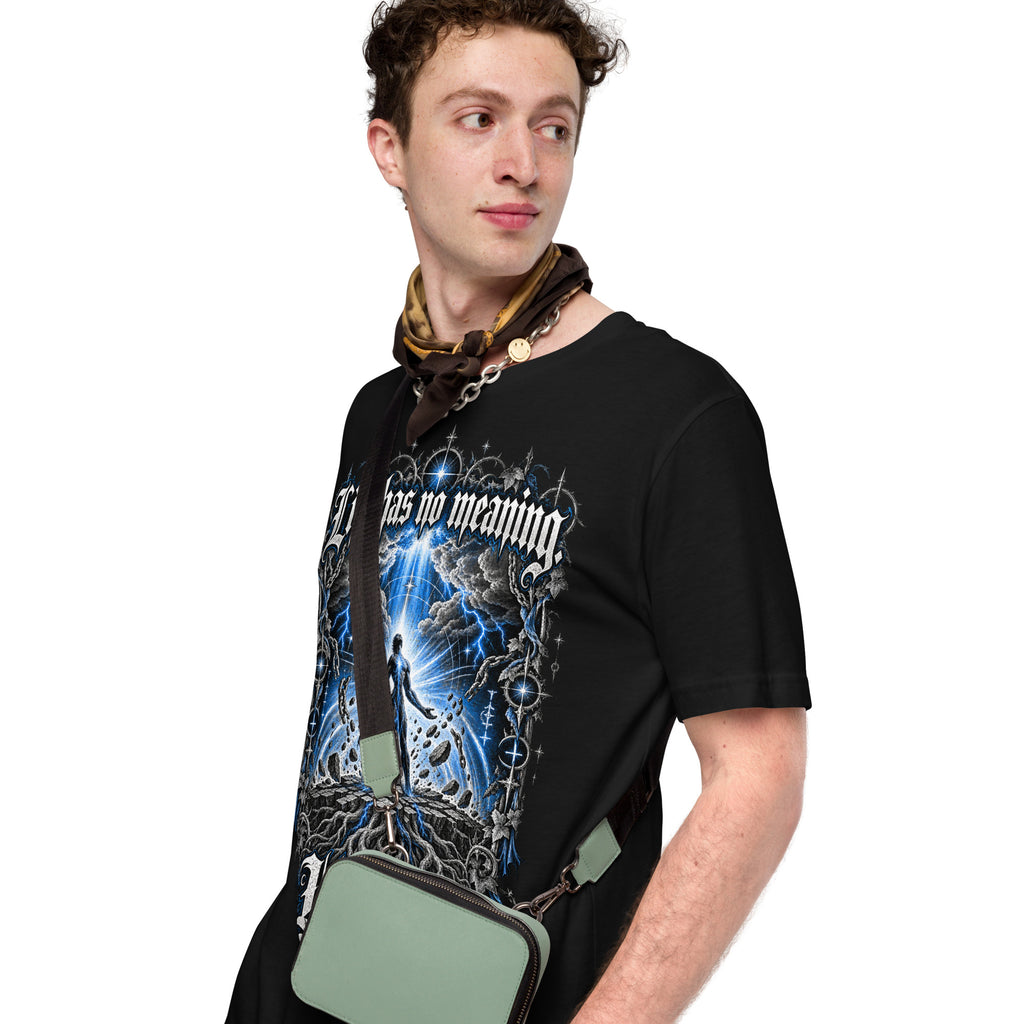 Men's black graphic tee with blue front print, crew neck, short sleeves