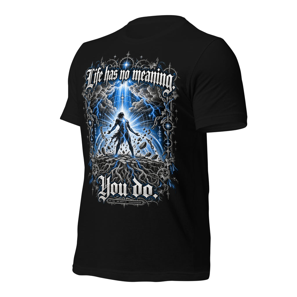 Black women's tee with blue lightning 'Life has no meaning' back graphic