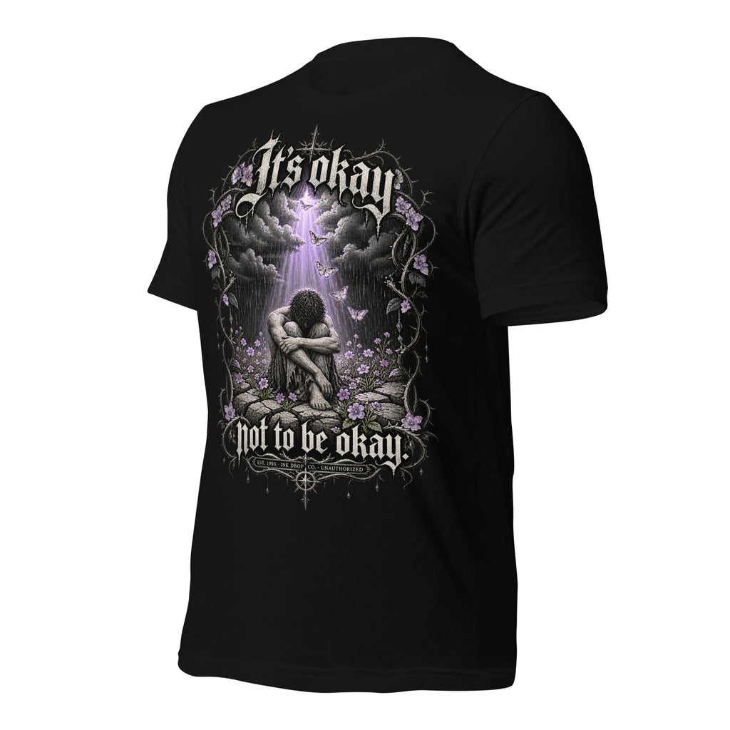 Black unisex graphic T-shirt with back print of clouds, flowers, and kneeling figure