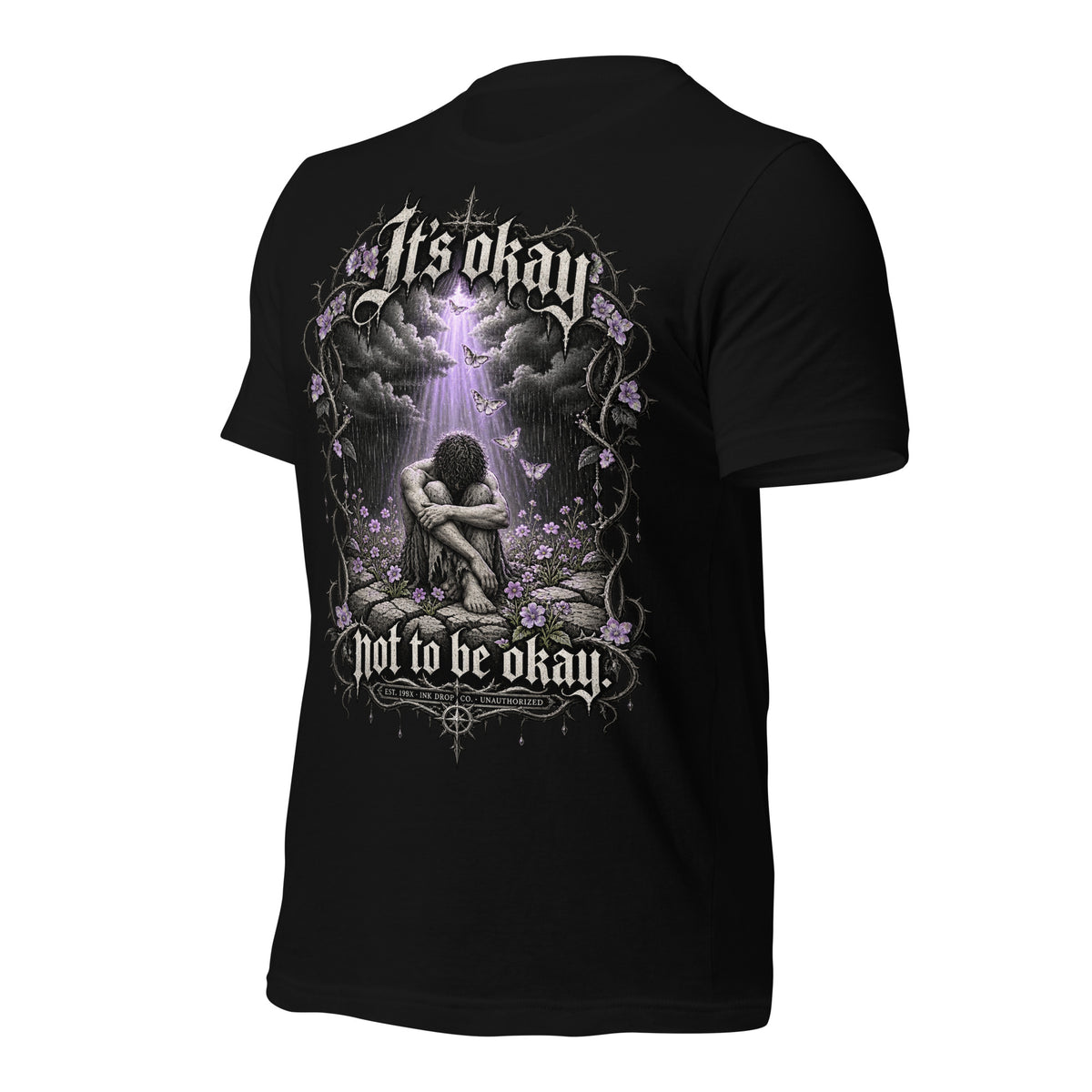 Black unisex graphic T-shirt with back print of clouds, flowers, and kneeling figure