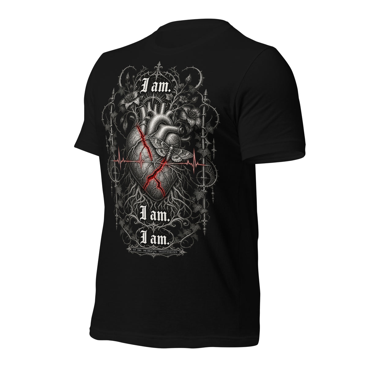 Unisex graphic T-shirt in black, back heart artwork with red lines and “I am” text
