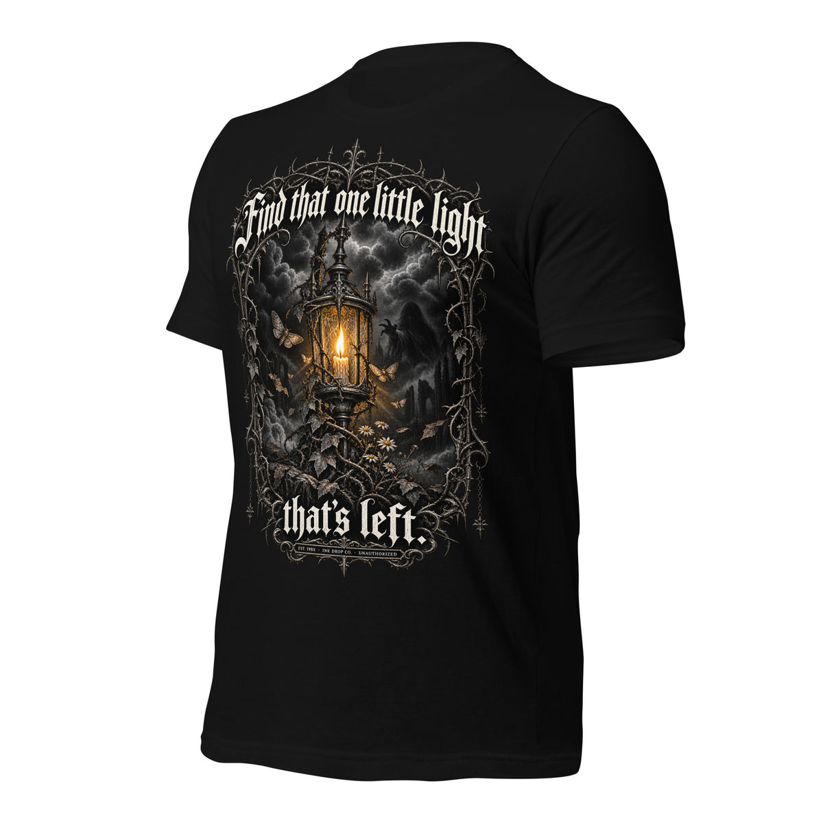 Unisex black graphic T-shirt with back print of lantern and ornate gothic lettering