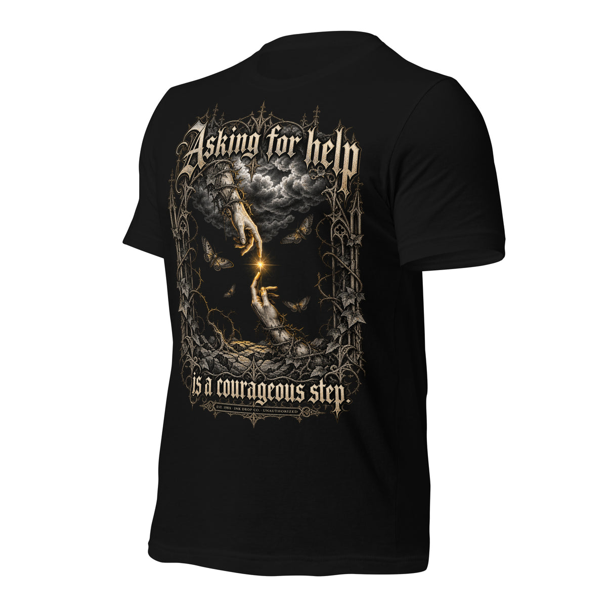 Black unisex graphic tee back print with fantasy angel-wolf artwork