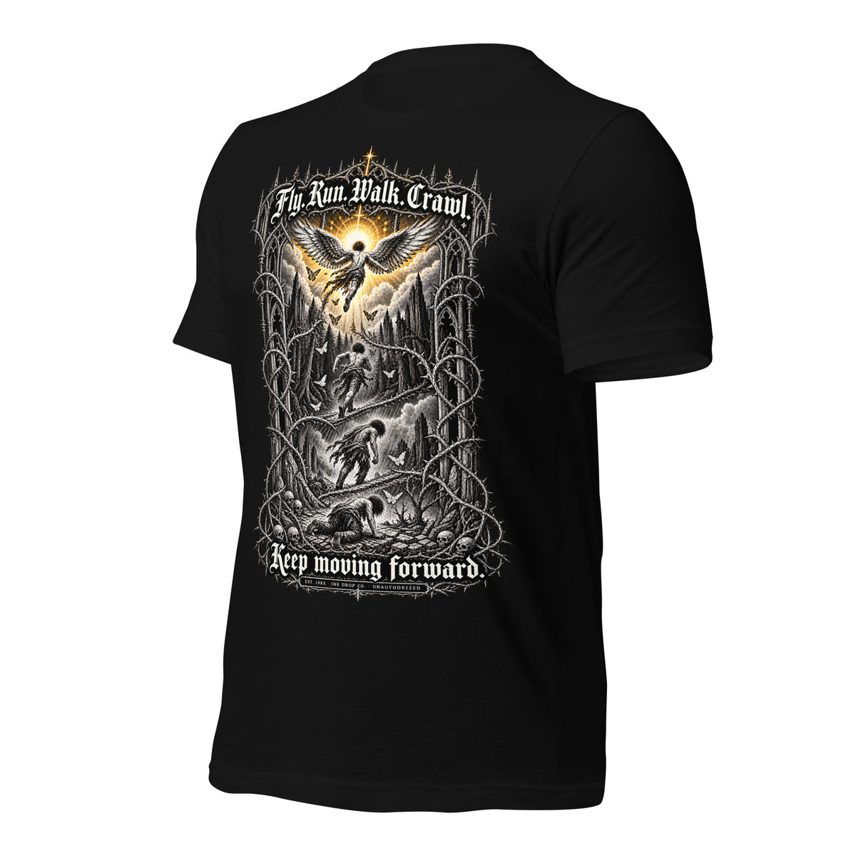 Black unisex graphic tee with back print of eagle, chains, and text, short sleeves.