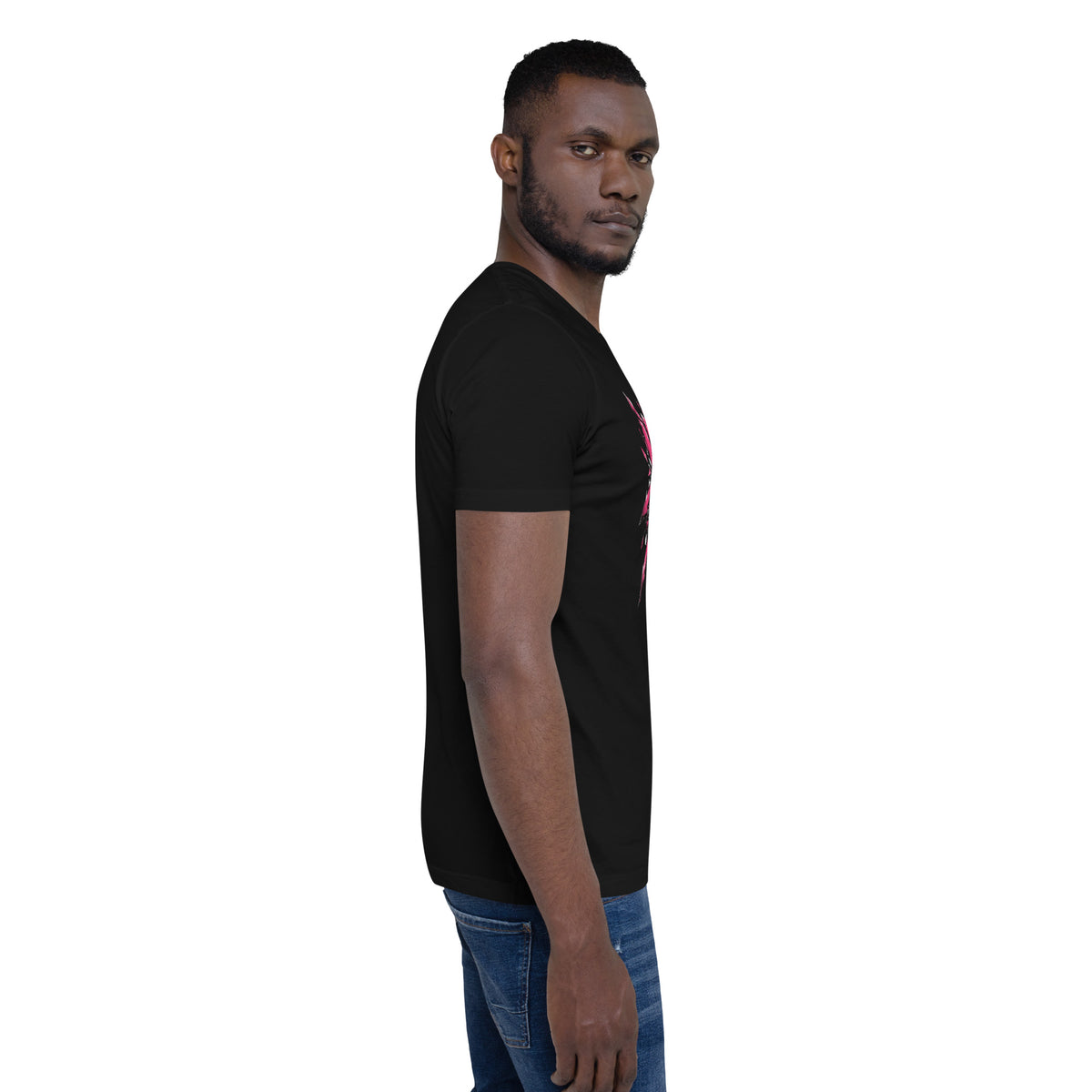 Black unisex graphic tee, side view with small pink “Mystical Women” print