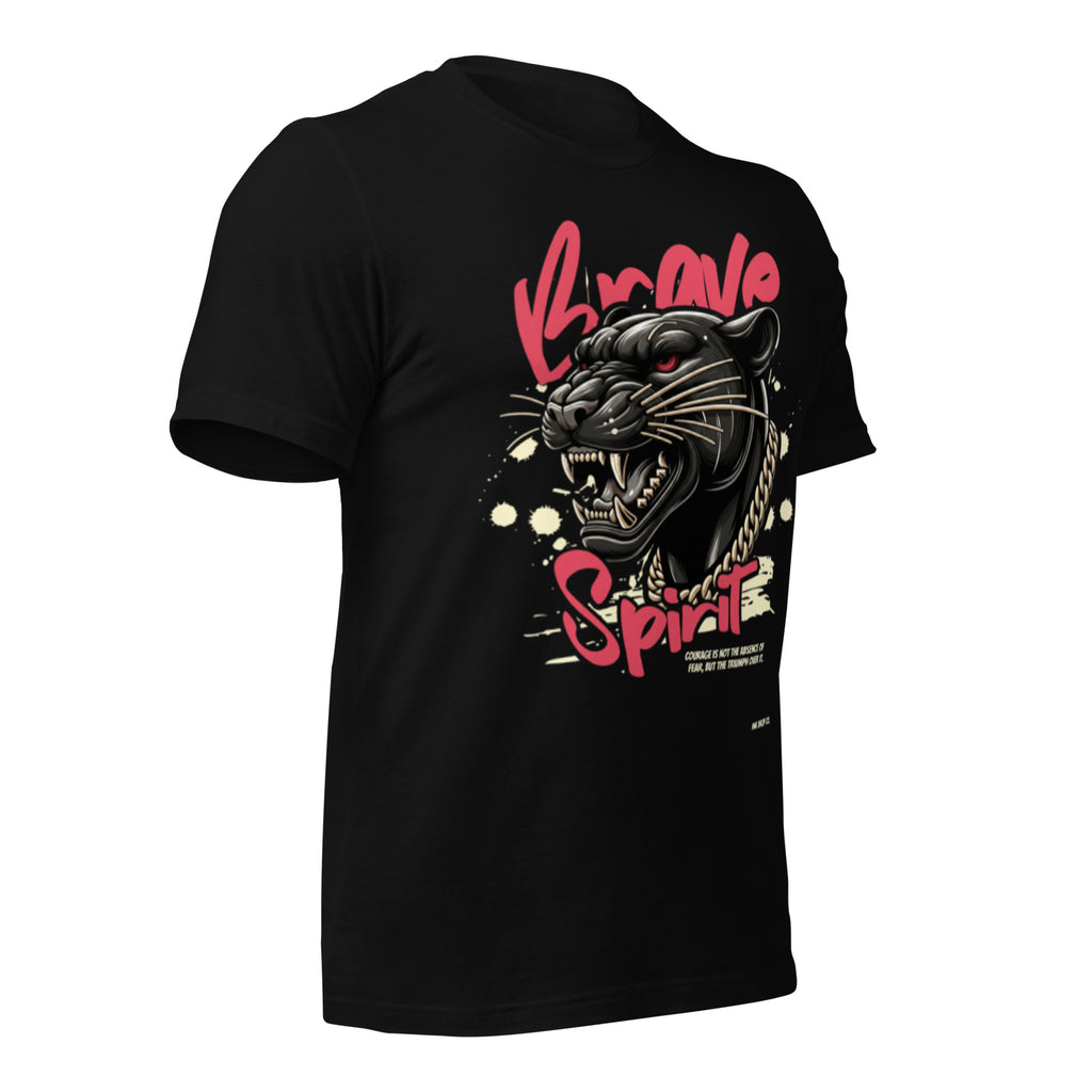 Women's black graphic t-shirt with panther head face and chain detail on front
