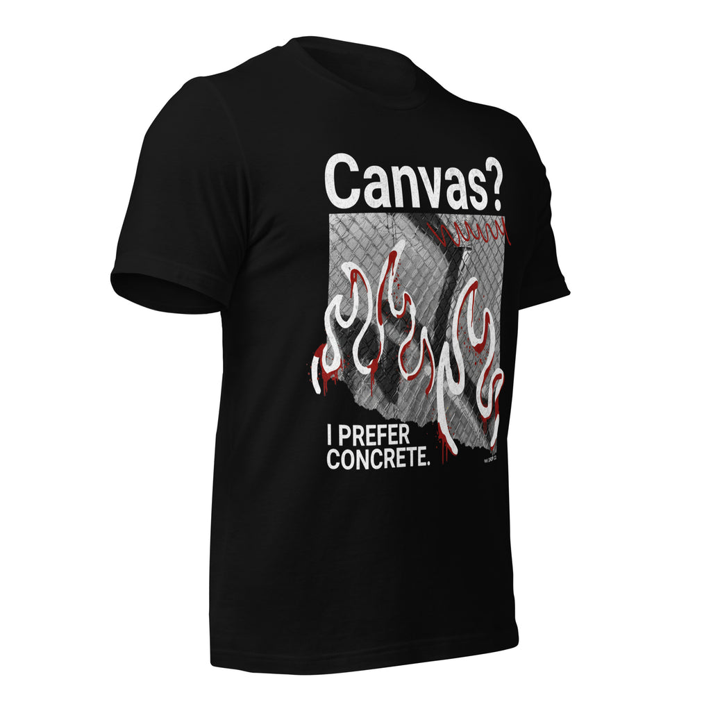 Women’s graphic t-shirt, black; front “Canvas?” flames and “I prefer concrete.”
