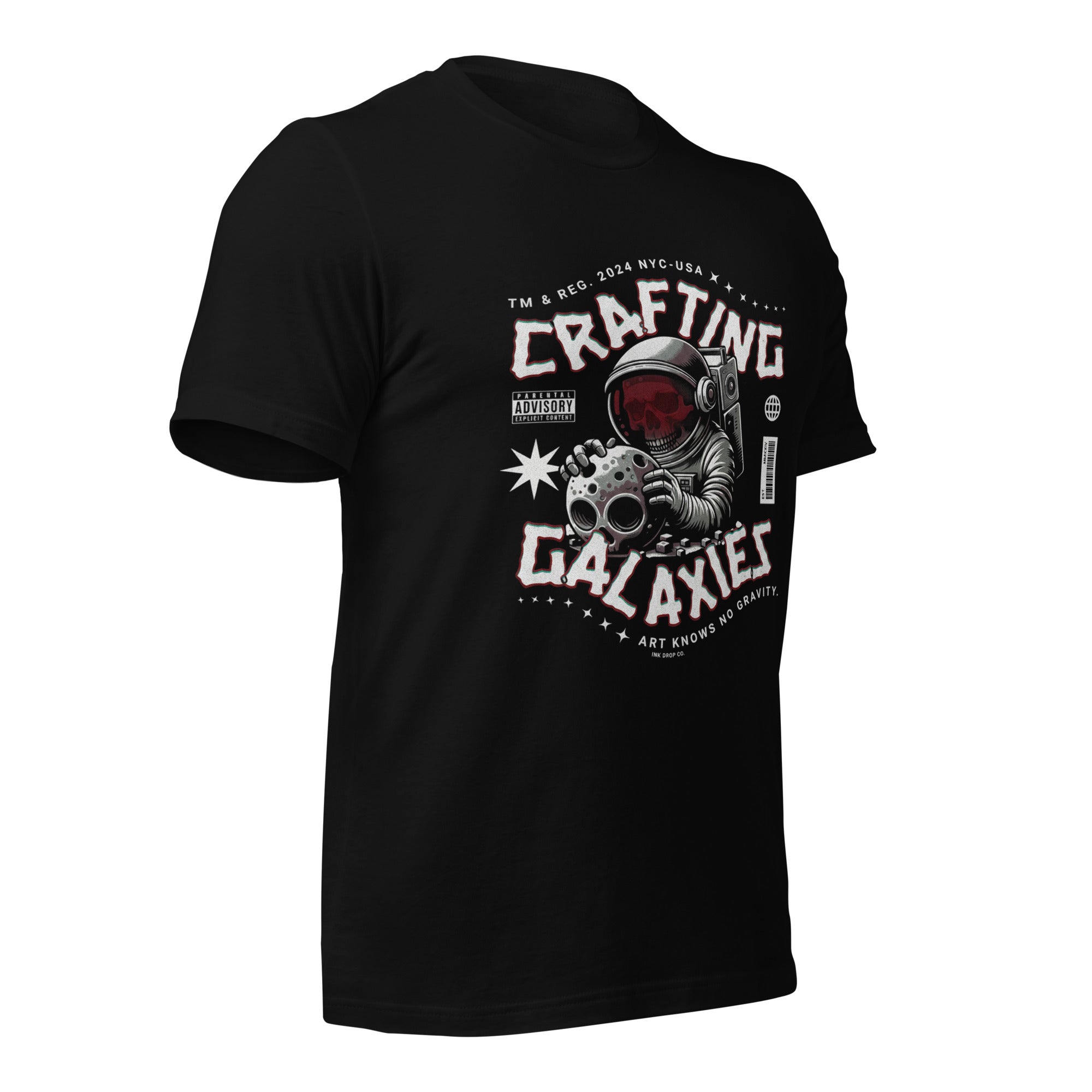 Women's black graphic t-shirt with space astronaut “Crafting Galaxies” emblem