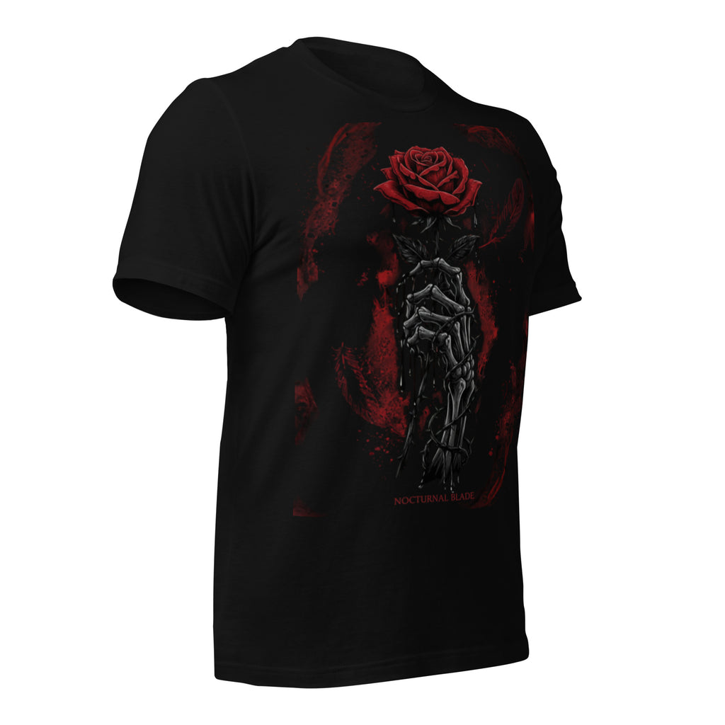 Black unisex graphic T-shirt with red rose and dark skeleton sword art on back