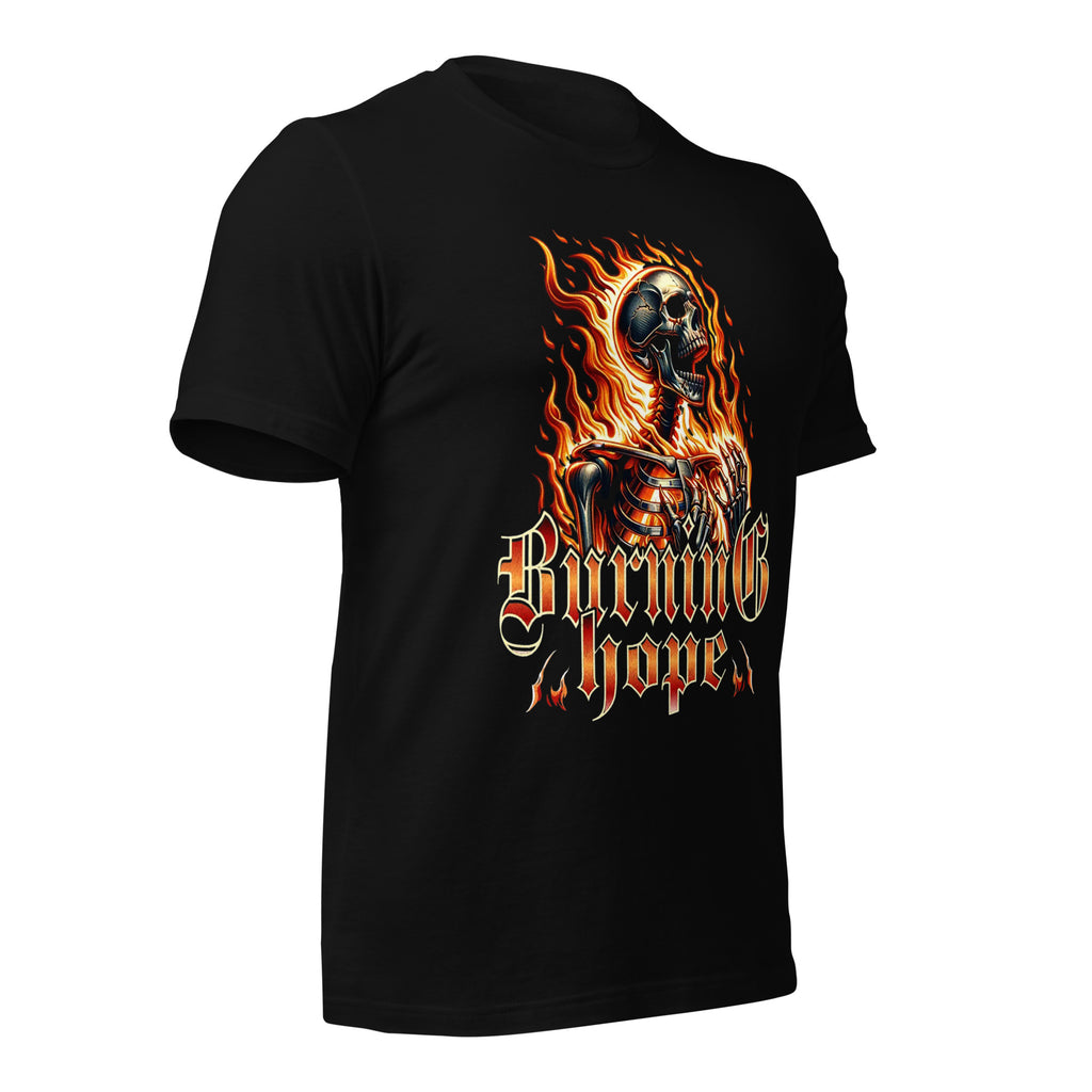 Black unisex graphic T-shirt with flaming skull and Burning Hope graphic on front.