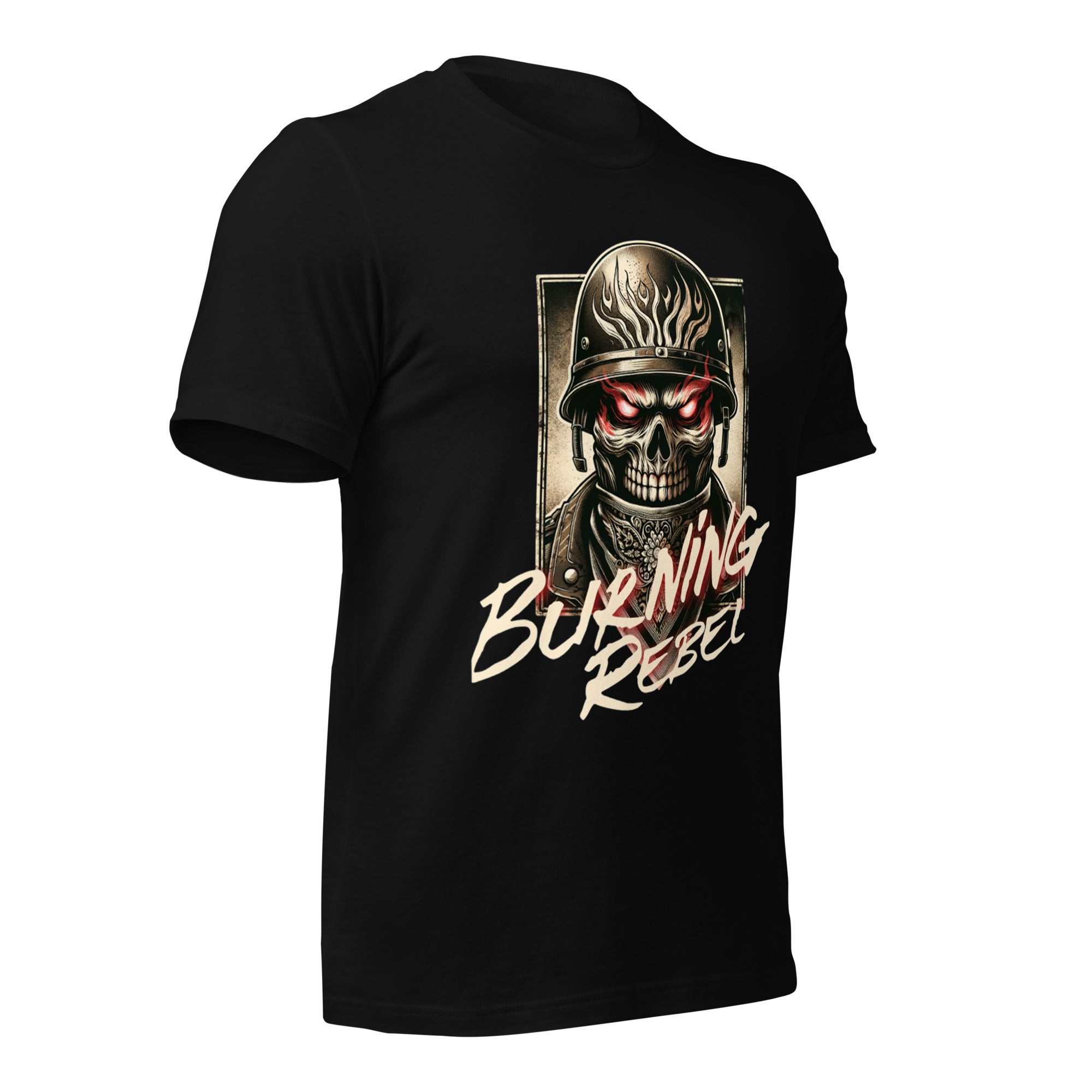 Black unisex graphic T-shirt with skull helmet front print, side angle