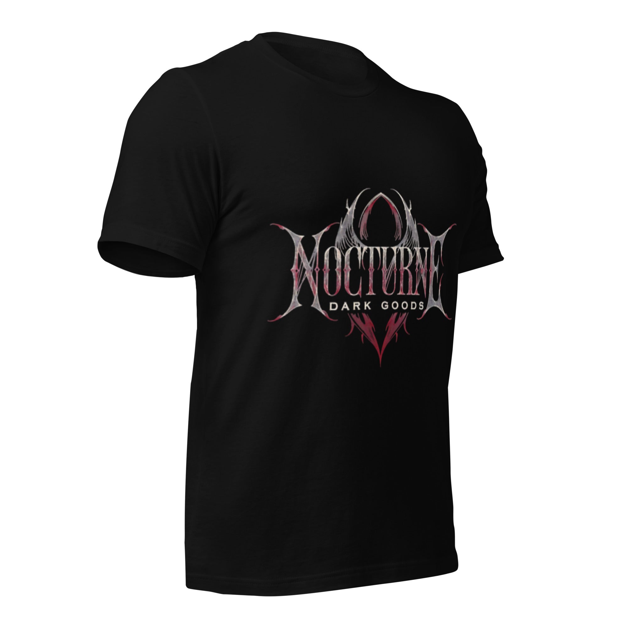 Black unisex graphic T-shirt, front print with gothic emblem, side angle
