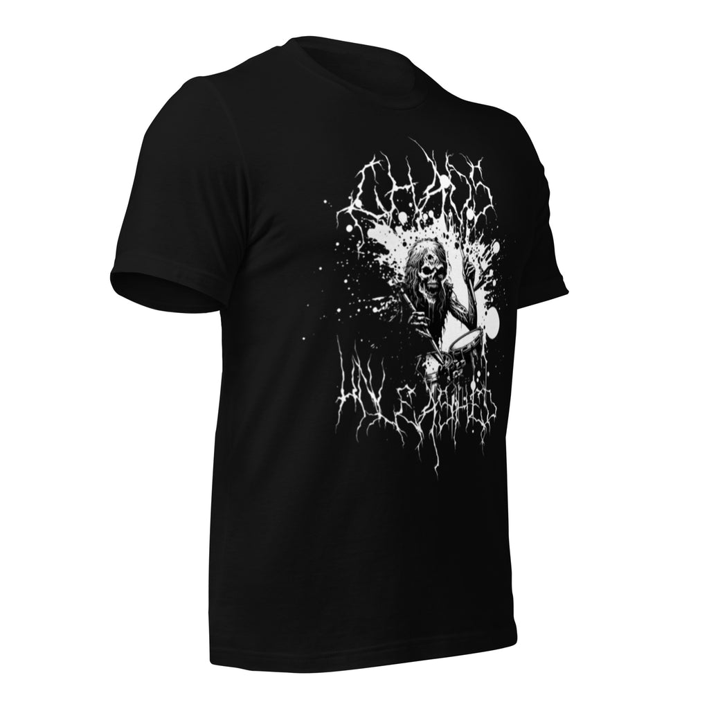 Unisex graphic T-shirt, black, short-sleeve crew neck, front print with skull graphic