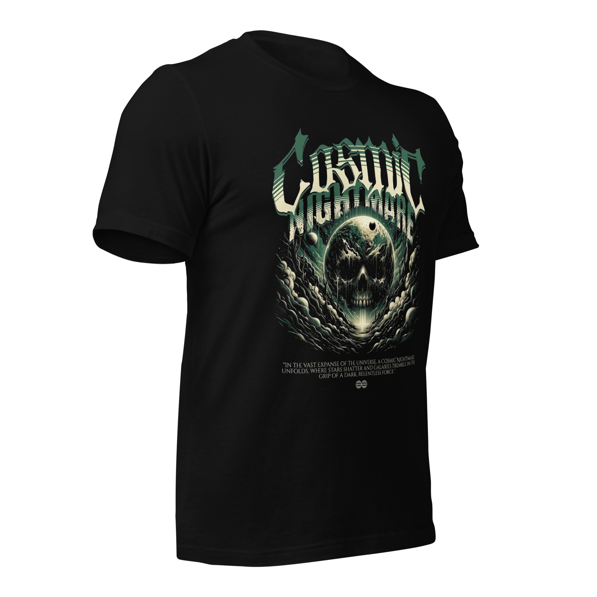 Women's black graphic T-shirt, front side view with skull graphic and green-blue print