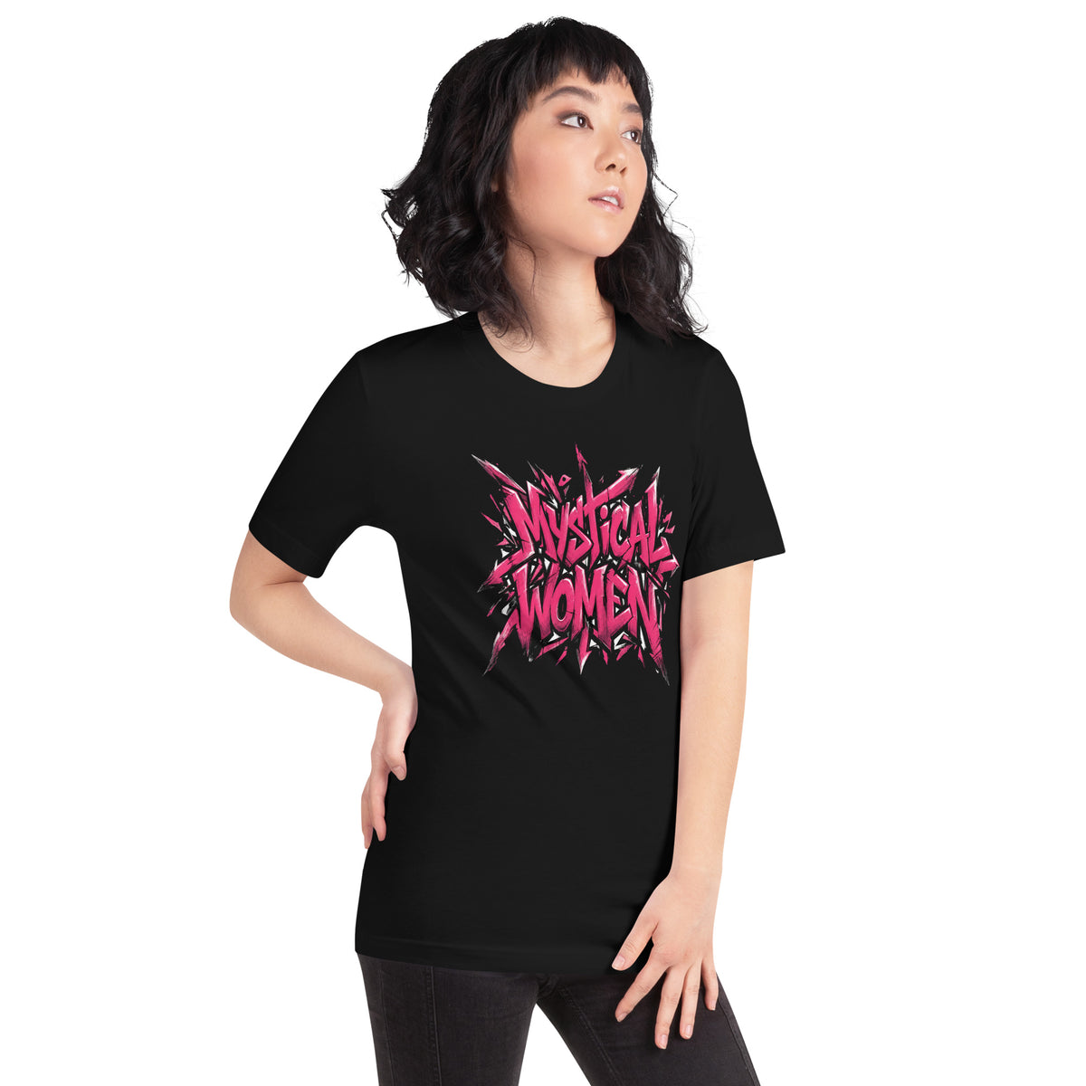 Black unisex graphic tee with pink and white “Mystical Women” center front print