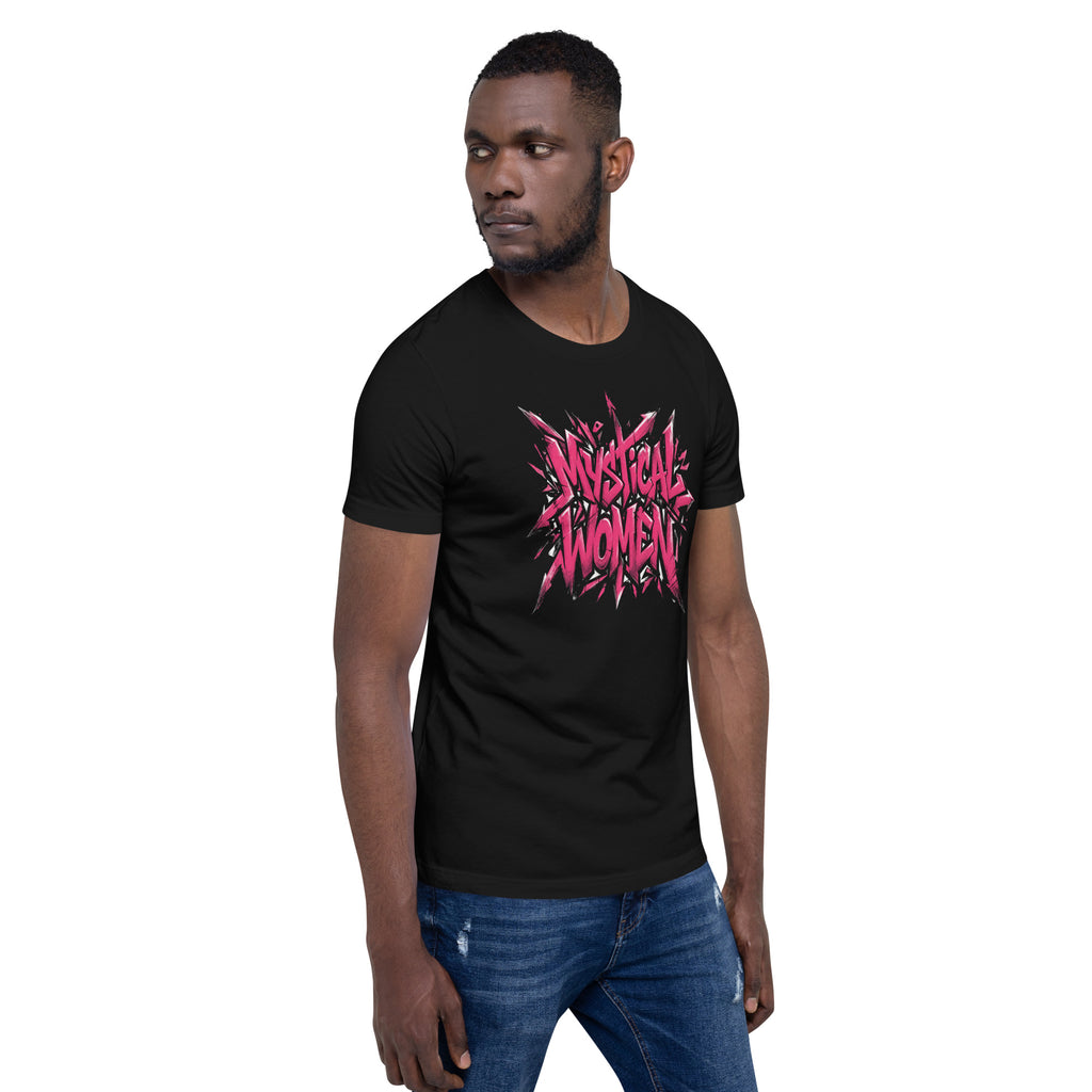 Black unisex graphic tee with pink and white “Mystical Women” chest graphic