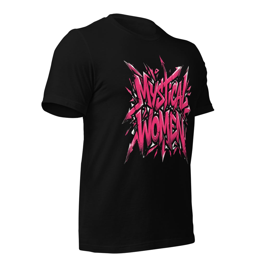 Black unisex T-shirt with pink 'Mystical Women' graphic on front