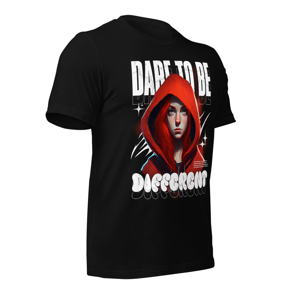 Black graphic tee with red-hooded woman front graphic