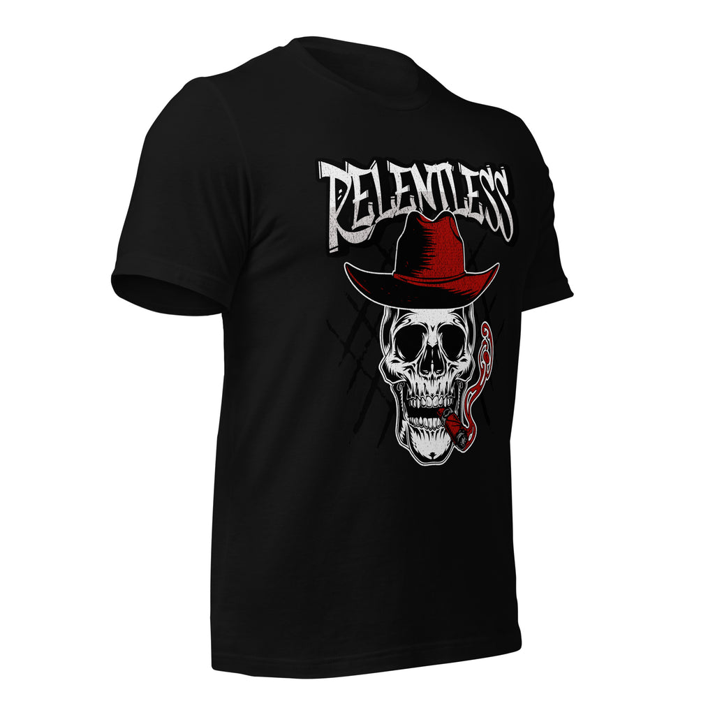 Unisex black graphic tee front with skull, red cowboy hat, and logo print