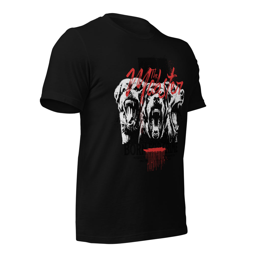 Black unisex graphic tee with white skull and red mobster lettering on front
